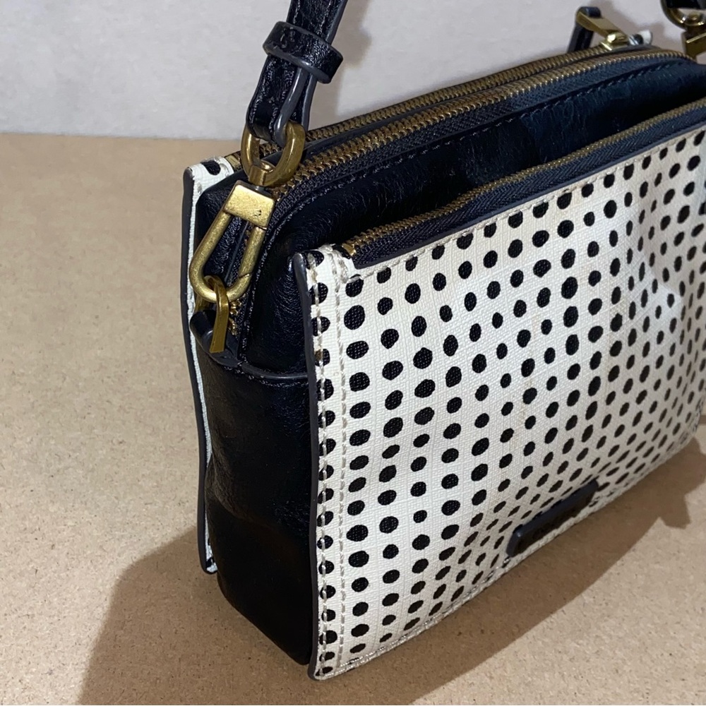 FOSSIL Polka Dot Brass Key Hardware Black White Leather Crossbody Square Bag - Picture 4 of 14